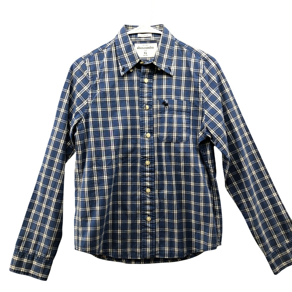 Abercrombie Kids Muscle Button Down Shirt Boys XL 14-16 Blue Plaid Long Sleeve